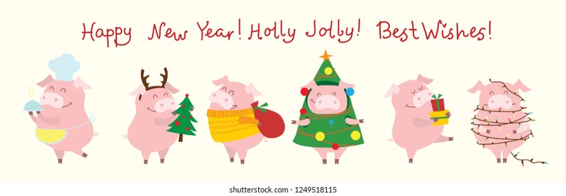 Vector illustration card with the symbol of the year - yellow pig with christmas gifts and funny hand drawn christmas greeting