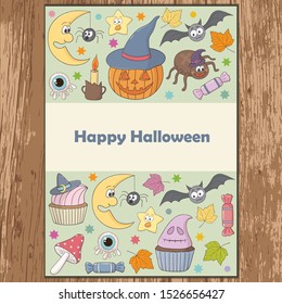 Vector illustration, card template with animals and objects for hallowing holiday. Can be used for design, packing, prints and textile production