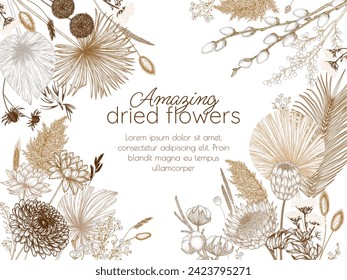 Vector illustration of a card template with a bouquet of dried flowers in engraving style