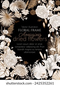 Vector illustration of a card template with a bouquet of dried flowers in engraving style	