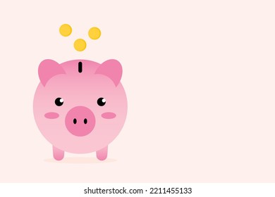 Vector illustration, card template with cute pink piggy bank front and golden coins. Money, savings, earnings design. Copy space.