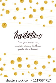 Vector illustration card template with golden color circles background. Design with gold glittering polka dot decoration