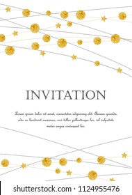 Vector illustration card template with golden color circles background. Design with gold glittering polka dot decoration