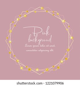 Vector illustration card template with golden color circles and stars background. Design with gold glittering polka dot decoration
