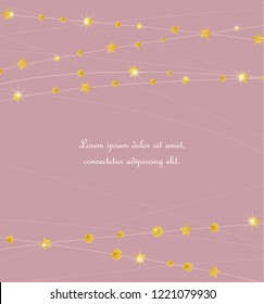 Vector illustration card template with golden color circles and stars background. Design with gold glittering polka dot decoration