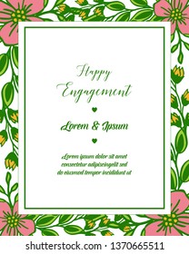 Vector illustration card template of happy engagement with design of flower frame hand drawn