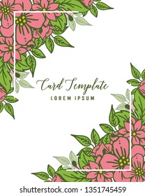 Vector illustration card template with pink wreath frames blooms hand drawn