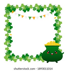 Vector illustration, card template with shamrock, clover frame, garland and cute pot of gold character for Saint Patricks Day design.
