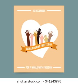 Vector Illustration And Card Template - World Human Rights Day. Hands Over Ribbon And Heart. Freedom And Activism Symbol. Poster For International Festival.