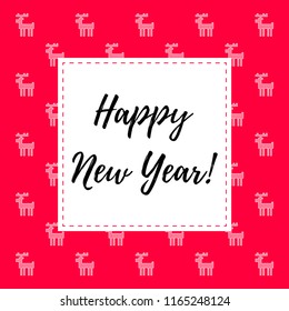 Vector illustration card with text "Happy New Year" and red background with whire deers