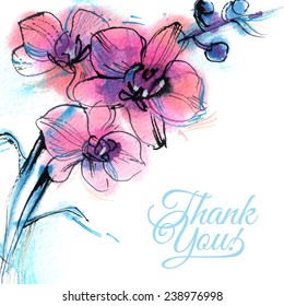 vector illustration/ card thank you/ three purple orchid/ branch, flower/ watercolor sketch on white background