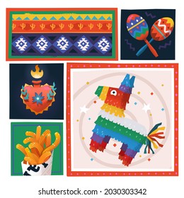 Vector illustration card with traditional Mexican party  elements and decorations. Colourful horse shaped piñata full of sweets 