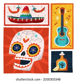 Tarjeta de ilustración vectorial con elementos y decoraciones tradicionales mexicanos. Día colorido del sombrero de calavera pintado muerto y alcohol.