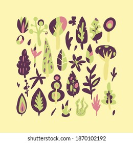 Vector illustration Card with trees, plants and leaves on yellow background