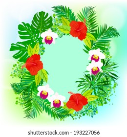 Vector illustration of a card with tropical elements of decor, framed by palm and banana leaves, big monstera plant, orchid flowers and red hibiscus on sun lighted green background