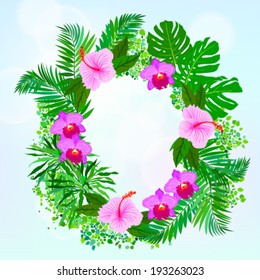 Vector illustration of a card with tropical elements of decor, framed by palm and banana leaves, big monstera plant, orchid flowers and pink hibiscus on sun lighted green background