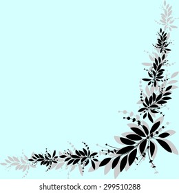 Vector illustration of a card with tropical elements of decor, framed by palm leaves on blue background. Seamless Pattern.