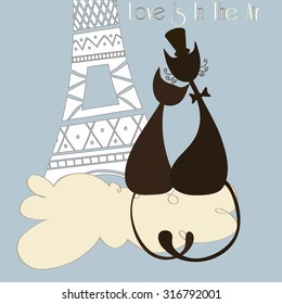 Vector Illustration card with two cats in love. Parisian cats