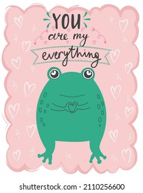 Vector illustration card valentine's day frog in love with lettering You are my everything