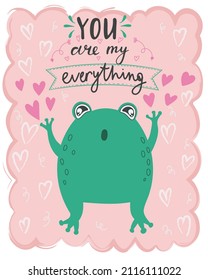 Vector illustration card valentine's day frog in love with lettering You are my everything
