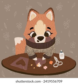 Vector illustration of a card for Valentine's Day: a little fox cuts and glues a card in the shape of a heart.