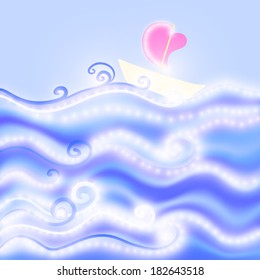 vector illustration. Card with waves and ship with a sail-heart