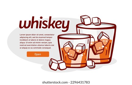 Vector illustration card of whiskey with ice and lettering in cartoon style.
