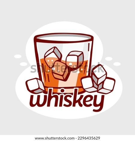 Vector illustration card of whiskey with ice and lettering in cartoon style.