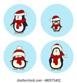 vector illustration card white blue penguins different Christmas hats red scarf series