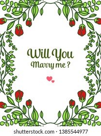 Vector illustration card will you marry me with bright red wreath frames