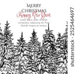 Vector illustration card winter snowy forest of fir trees in engraving style