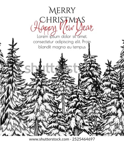 Vector illustration card winter snowy forest of fir trees in engraving style