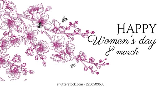 Vector illustration card for World Women's Day. Cherry blossom branch and bee in engraving style