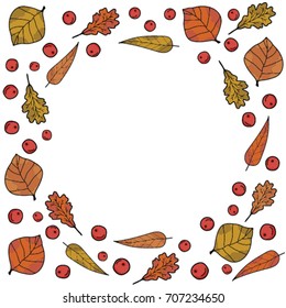 vector illustration card  wreath of colorful yellow, gold, orange leaves and red berry on white background