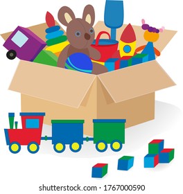 Vector illustration. Cardboard box with children's toys. Moving to another place. The concept of a happy childhood.