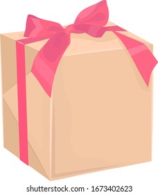 Vector illustration of a cardboard box from craft paper with a pink ribbon