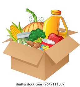 Ilustração vetorial de uma caixa de papelão preenchida com vários supermercados, incluindo legumes, frutas e produtos embalados em cores vibrantes