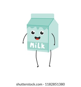 Vector illustration of cardboard box with milk cartoon character isolated on white background - smiling emoticon of blue paper package with healthy dairy drink in flat style.