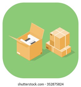 A vector illustration of a cardboard box with new goods.
Isometric goods deliver icon illustration.
Vector concept for retail distribution.