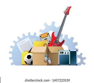 Vector Illustration Of A Cardboard Box With Old Things. Box With Old Stuff Isolated On White Background. Garage Sale Concept. Guitar, Folder, Game Console, Soccer Ball, Sound Amplifier, Documents