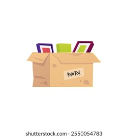 Vector illustration of cardboard box with photo frames inside and "photos" inscription. Open box with colorful photo frames and album. Storage and moving concept. Isolated background.