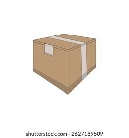 Vector illustration of a cardboard box with tape and label, ideal for logistics, delivery services, packaging, and e-commerce design projects.