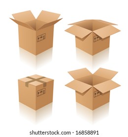 Vector illustration of cardboard boxes. Closed and open