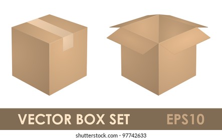 Vector illustration of cardboard boxes. Closed and open