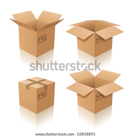 Vector illustration of cardboard boxes. Closed and open