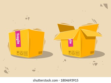 Vector illustration of cardboard boxes from delivery, closed box, open box