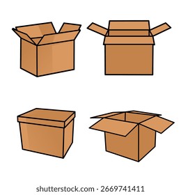Ilustración vectorial de cajas de cartón en diferentes posiciones: abiertas, cerradas y semiabiertas. Perfecto para embalaje, envío, entrega, almacenamiento y conceptos de diseño logístico.