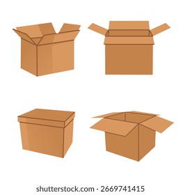 Ilustração vetorial de caixas de cartão em diferentes posições: abertas, fechadas e semiabertas. Perfeito para embalagem, transporte, entrega, armazenamento e conceitos de design logístico.