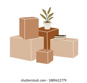 Vector illustration of cardboard boxes with flower in pot and two books. Concept of moving to a new house, moving day. Hand-drawn set isolated on white background.