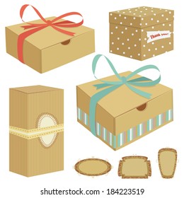 Vector illustration of a cardboard gift boxes with bows and cute decoration